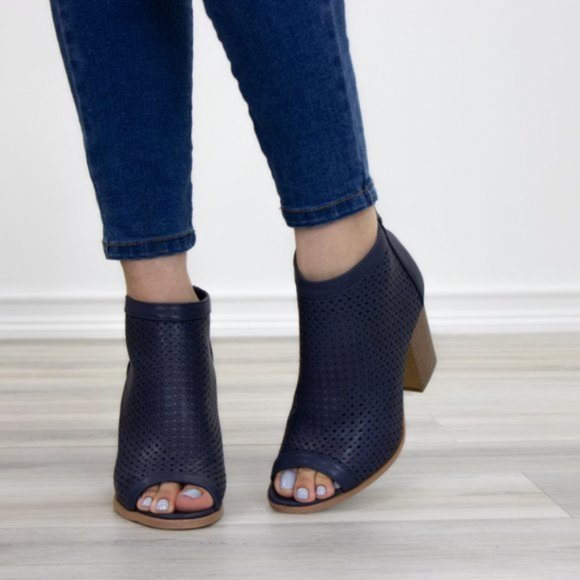 Navy Perforated Heeled Open Toe Ankle Boots - Picture 2 of 10